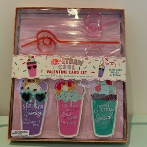 Super Cute Valentine Card Set with Straws- 24 Cards & Straws- NWT